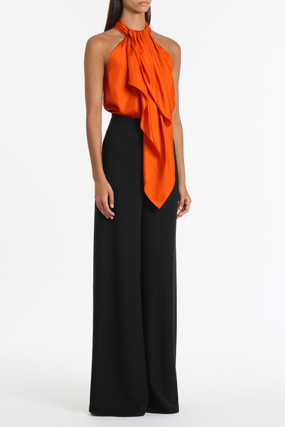 TANGERINE SILK TWILL RUFFLE HALTER TOP