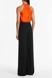 TANGERINE SILK TWILL RUFFLE HALTER TOP