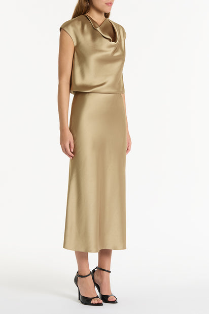 TOURMALINE SATIN COWL NECK TOP