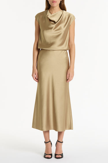 TOURMALINE SATIN COWL NECK TOP