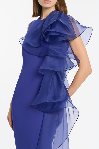 VIOLET CREPE RUFFLE SHOULDER GOWN