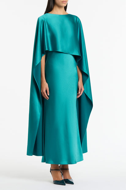 VIRIDIAN LUSTRE SATIN ASYMMETRIC DRAPE DRESS