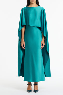 VIRIDIAN LUSTRE SATIN ASYMMETRIC DRAPE DRESS
