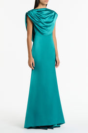 VIRIDIAN LUSTRE SATIN SHOULDER DRAPE GOWN