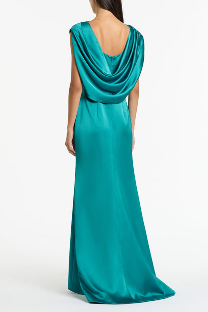 VIRIDIAN LUSTRE SATIN SHOULDER DRAPE GOWN