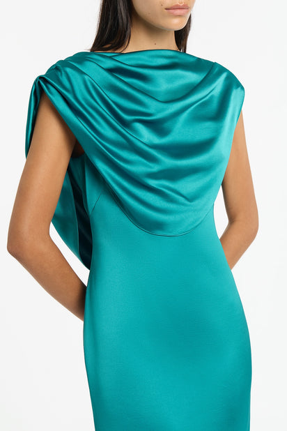 VIRIDIAN LUSTRE SATIN SHOULDER DRAPE GOWN