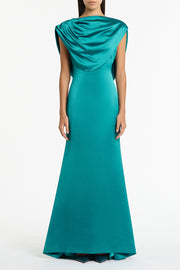 VIRIDIAN LUSTRE SATIN SHOULDER DRAPE GOWN