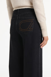WASHED BLACK DENIM WIDE LEG PANT