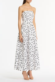 WHITE AND BLACK SPOT JACQUARD A-LINE STRAPLESS GOWN