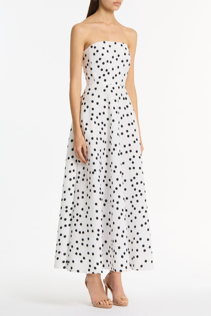 WHITE AND BLACK SPOT JACQUARD A-LINE STRAPLESS GOWN