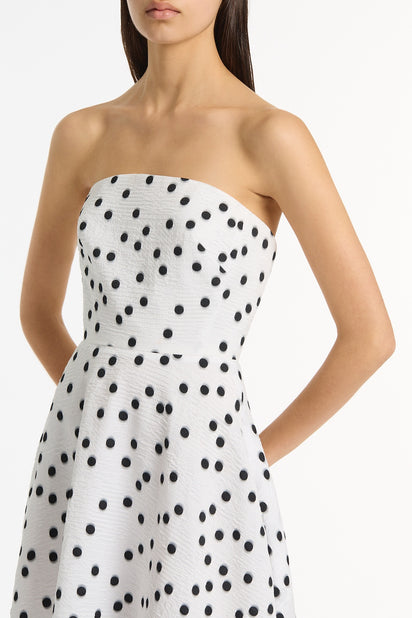 WHITE AND BLACK SPOT JACQUARD A-LINE STRAPLESS GOWN