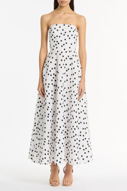 WHITE AND BLACK SPOT JACQUARD A-LINE STRAPLESS GOWN