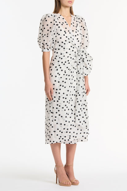 WHITE AND BLACK SPOT JACQUARD PUFF SLEEVE WRAP DRESS