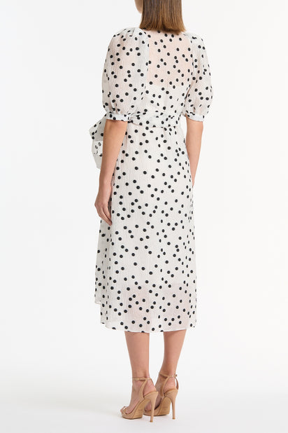 WHITE AND BLACK SPOT JACQUARD PUFF SLEEVE WRAP DRESS