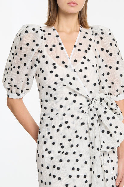 WHITE AND BLACK SPOT JACQUARD PUFF SLEEVE WRAP DRESS
