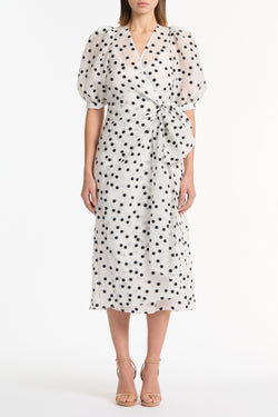 WHITE AND BLACK SPOT JACQUARD PUFF SLEEVE WRAP DRESS