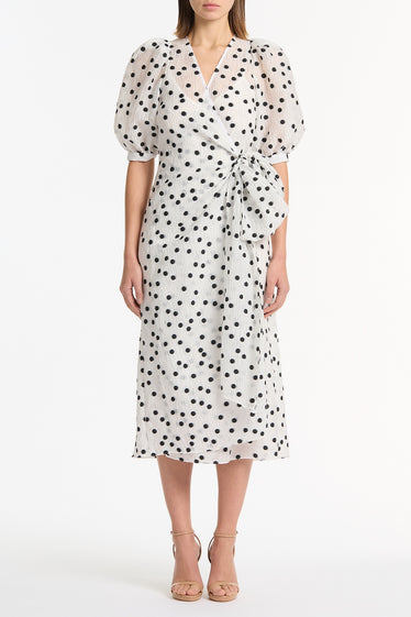 WHITE AND BLACK SPOT JACQUARD PUFF SLEEVE WRAP DRESS