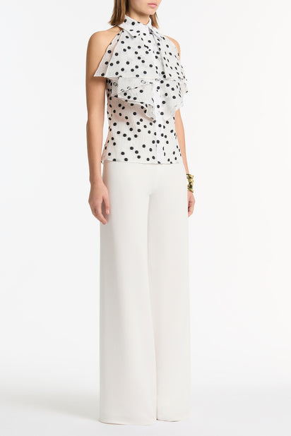 WHITE AND BLACK SPOT JACQUARD SLEEVELESS RUFFLE BLOUSE