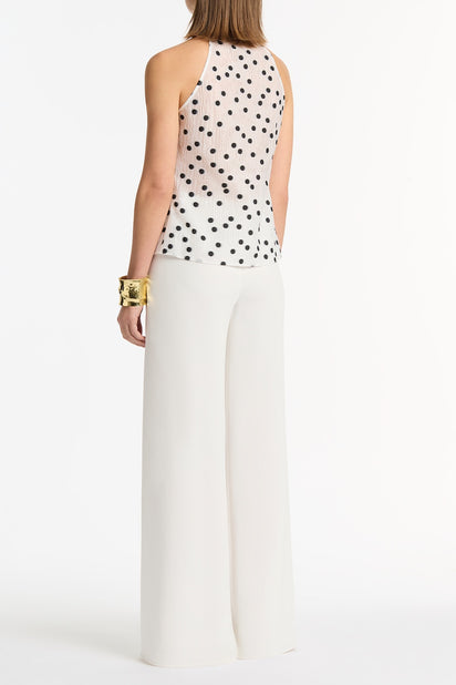 WHITE AND BLACK SPOT JACQUARD SLEEVELESS RUFFLE BLOUSE