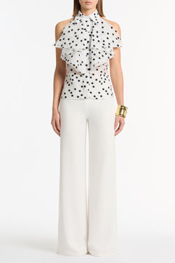 WHITE AND BLACK SPOT JACQUARD SLEEVELESS RUFFLE BLOUSE