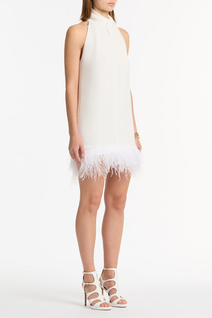 WHITE CREPE FEATHER MINI DRESS