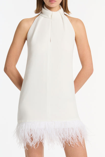 WHITE CREPE FEATHER MINI DRESS