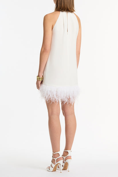 WHITE CREPE FEATHER MINI DRESS