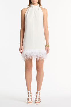WHITE CREPE FEATHER MINI DRESS