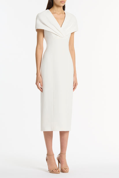 WHITE CREPE FRONT TUCK MIDI DRESS
