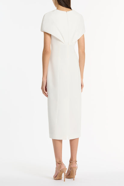 WHITE CREPE FRONT TUCK MIDI DRESS