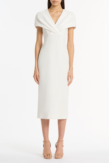 WHITE CREPE FRONT TUCK MIDI DRESS