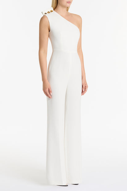 WHITE CREPE ONE SHOULDER JUMPSUIT
