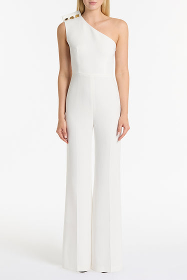 WHITE CREPE ONE SHOULDER JUMPSUIT