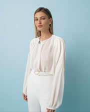 WHITE LEATHER CZ LOGO BELT