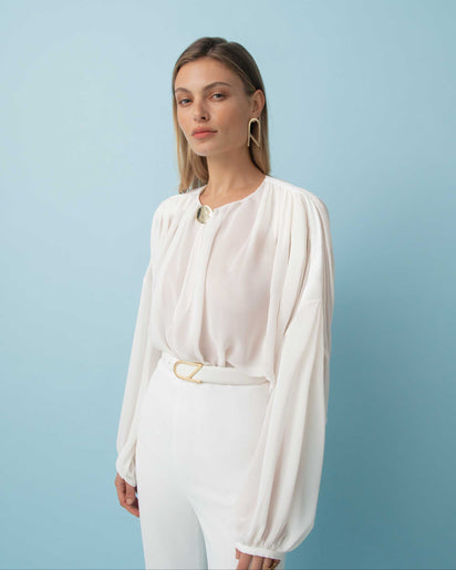 WHITE LEATHER CZ LOGO BELT