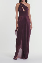 PLUM SHEER PLISSE ONE SHOULDER GOWN