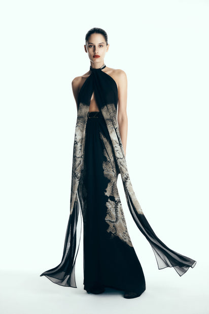 LINDY LEE BLACK FIERCE DRAGON SILK GOWN
