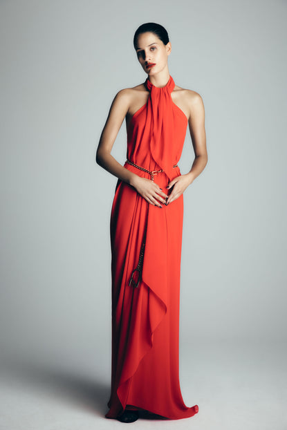 RED GEORGETTE RUFFLE HALTER GOWN Carla Zampatti