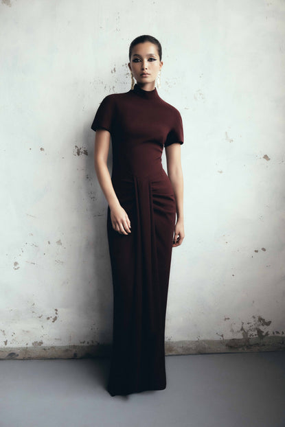 MERLOT CREPE FITTED WATERFALL GOWN Carla Zampatti