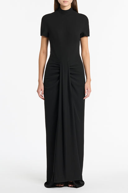 BLACK CREPE FITTED WATERFALL GOWN