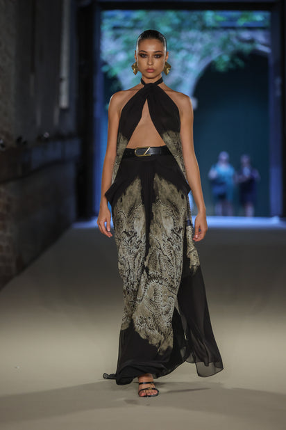 LINDY LEE BLACK FIERCE DRAGON SILK GOWN