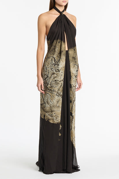 LINDY LEE BLACK FIERCE DRAGON SILK GOWN