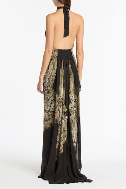 LINDY LEE BLACK FIERCE DRAGON SILK GOWN