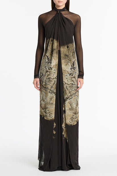 LINDY LEE BLACK FIERCE DRAGON SILK GOWN