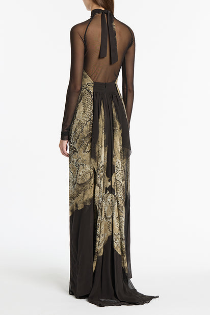 LINDY LEE BLACK FIERCE DRAGON SILK GOWN