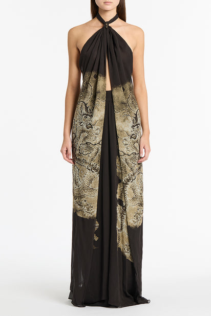 LINDY LEE BLACK FIERCE DRAGON SILK GOWN