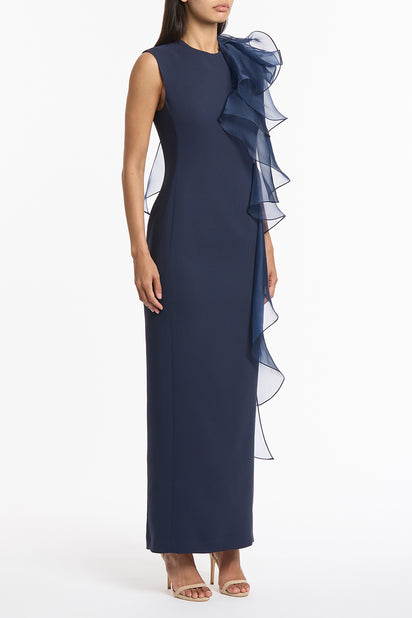 NAVY CREPE RUFFLE SHOULDER GOWN
