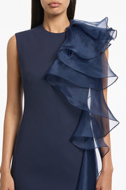 NAVY CREPE RUFFLE SHOULDER GOWN