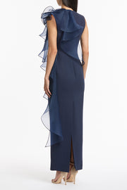NAVY CREPE RUFFLE SHOULDER GOWN