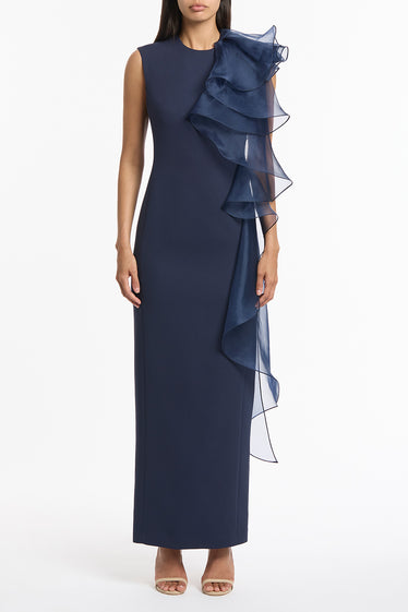 NAVY CREPE RUFFLE SHOULDER GOWN